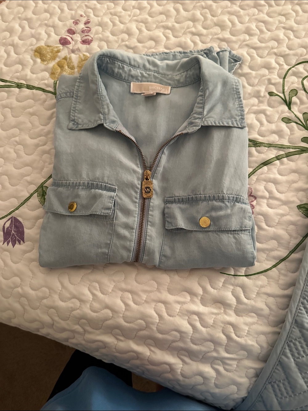 Michael Kors Denim  Soft Blue Zip-Front Shirt  with Hardware